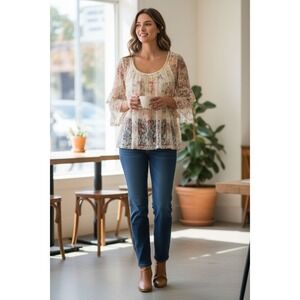 One World Pink And Orange Ruffled Tunic Blouse. Size XL‎